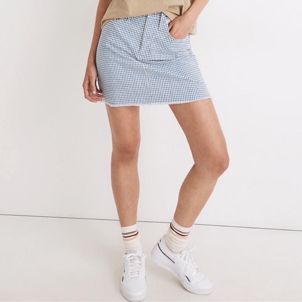 Madewell Blue Checkered Gingham Denim Mini Skirt